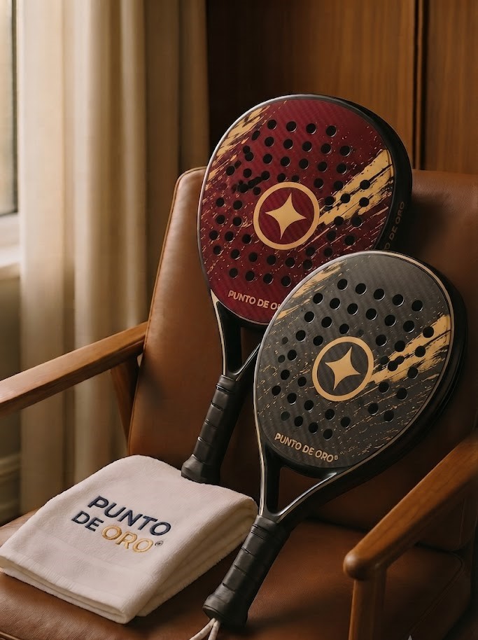 Dos paletas Punto de Oro cruzadas junto a una toalla de la marca, sobre un sillón