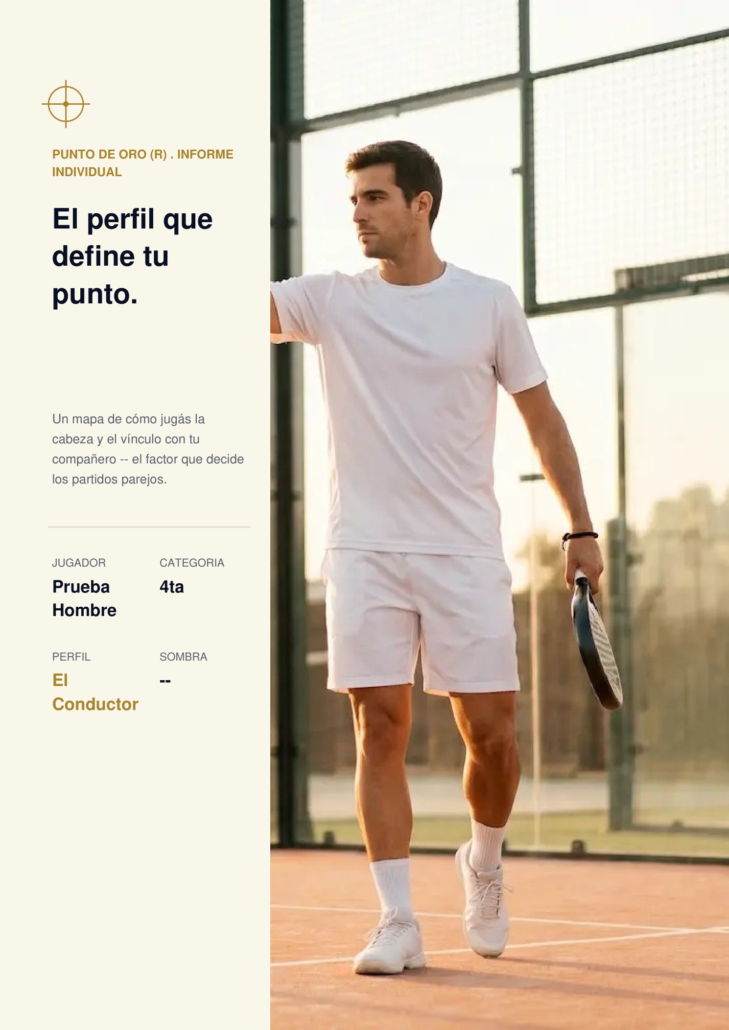 Ejemplo de portada del informe individual de Punto de Oro, con datos de prueba